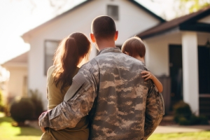 A male veteran american soldier in military uniform hugs his wife and little daughter while standing in front of their house. The concept of a emotional military happy homecoming. Sunny day.