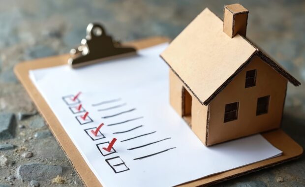 clipboard checklist with miniature cardboard house on stone background