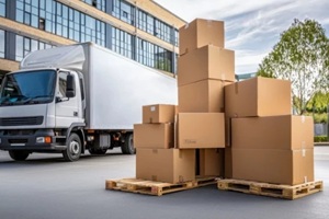 delivery truck parked beside stacked cardboard boxes at a warehouse loading area