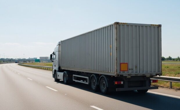 gray semi trailer cargo truck driving on highway hauling shipping container