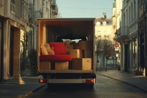 open moving truck in the city