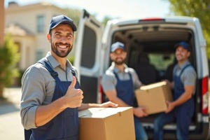 smiling movers in uniform with cardboard boxes showing thumb up near minivan