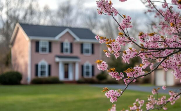 cherry blossom sakura tree flowers on branches in foreground in spring in northern Virginia