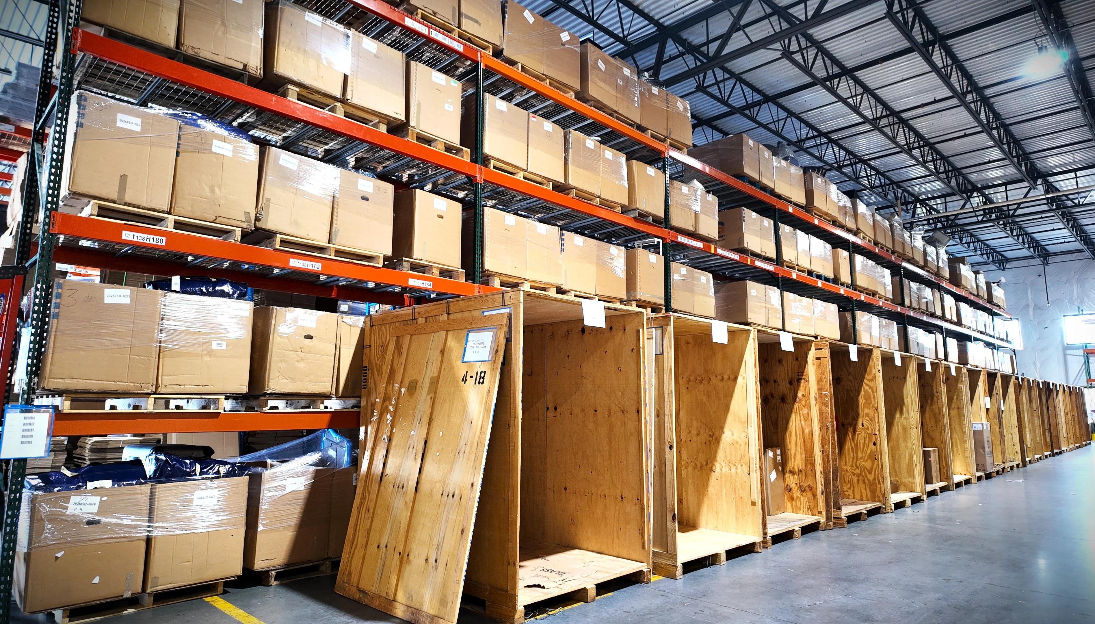 residential storage units stacked in a warehouse